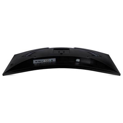 Die Rückansicht eines gebogenen Computermonitors mit verschiedenen Anschlüssen, darunter HDMI, USB und Audioverbindungen.