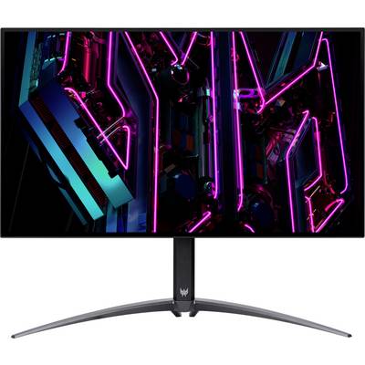 Ein Breitbildmonitor zeigt ein leuchtendes, futuristisches Neon-Design mit rosa, violetten und blauen Lichtern in geometrischen Mustern.