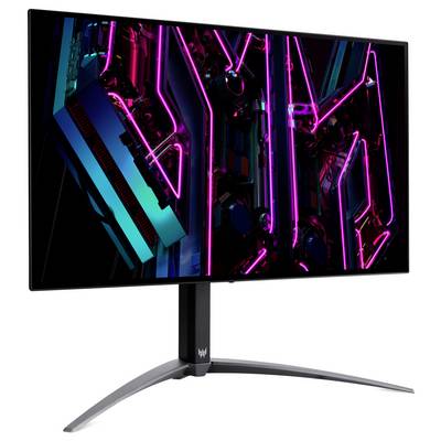 Ein Gaming-Monitor, der lebendige Neon-Grafiken in Pink- und Blautönen zeigt, mit einem eleganten Design und einem verstellbaren Ständer.
