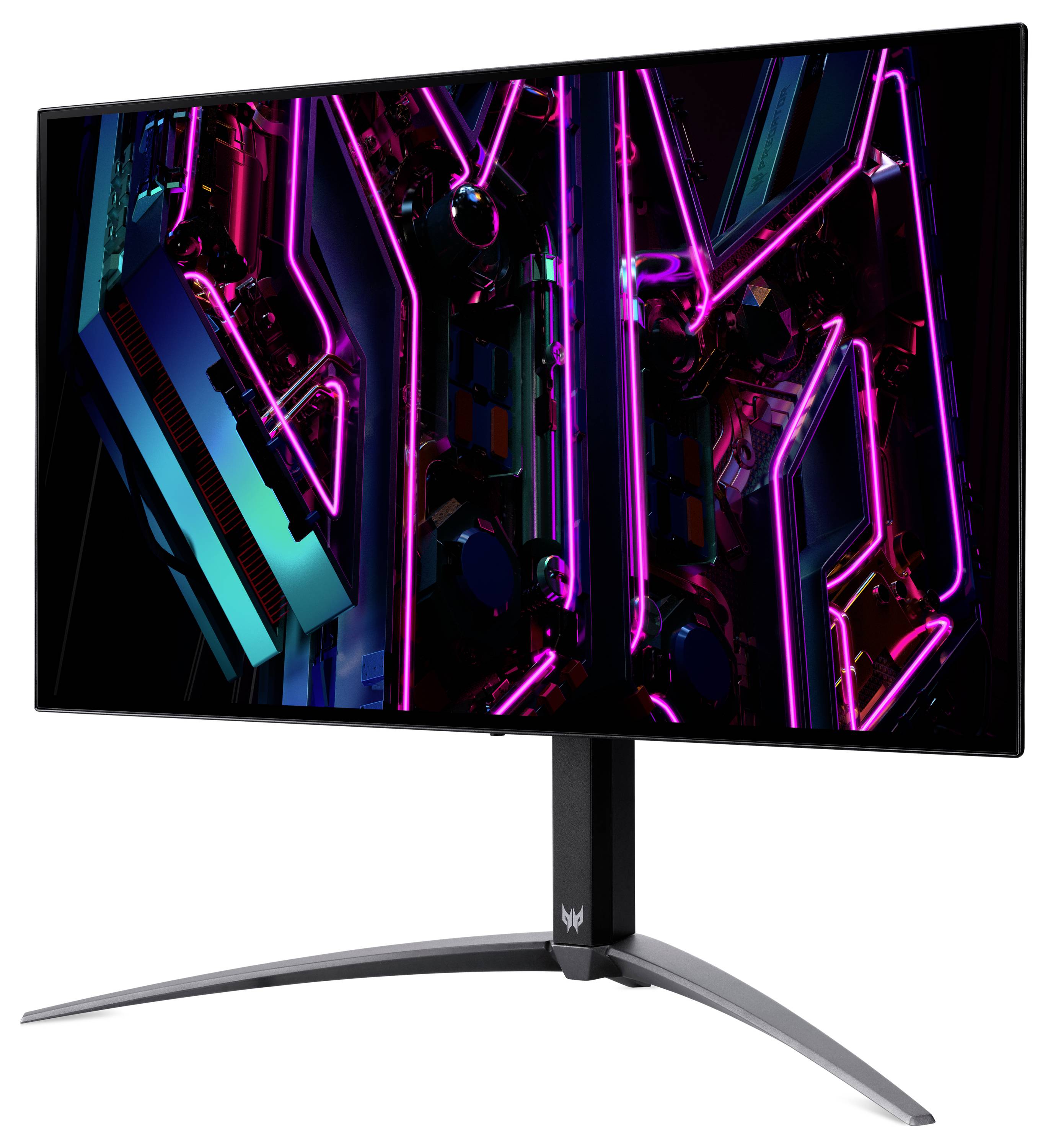 Ein Computermonitor, der ein lebendiges, neon-beleuchtetes abstraktes Design in Rosa- und Blautönen zeigt, befestigt an einem schlanken, modernen Ständer.