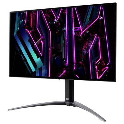 Ein Computermonitor, der ein lebendiges, neon-beleuchtetes abstraktes Design in Rosa- und Blautönen zeigt, befestigt an einem schlanken, modernen Ständer.