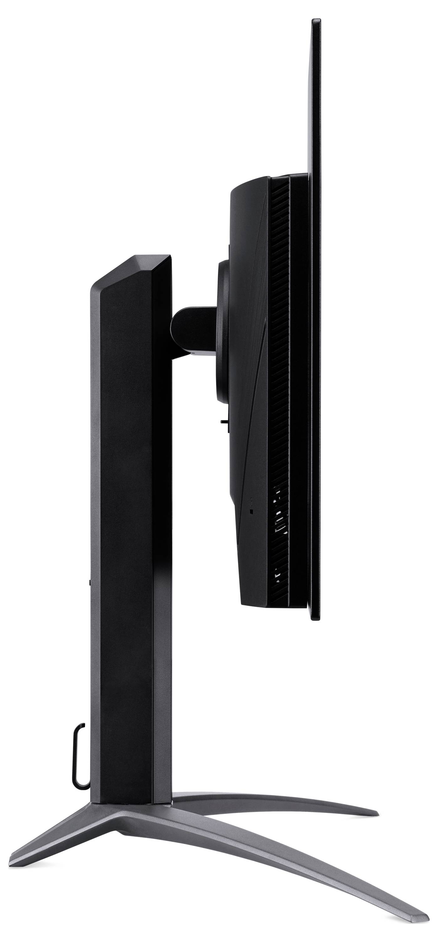 Seitenansicht eines schlanken, modernen Computermonitors mit elegantem Design auf einem stabilen Ständer, der sein dünnes Profil hervorhebt.