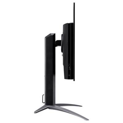 Seitenansicht eines schlanken, modernen Computermonitors mit elegantem Design auf einem stabilen Ständer, der sein dünnes Profil hervorhebt.