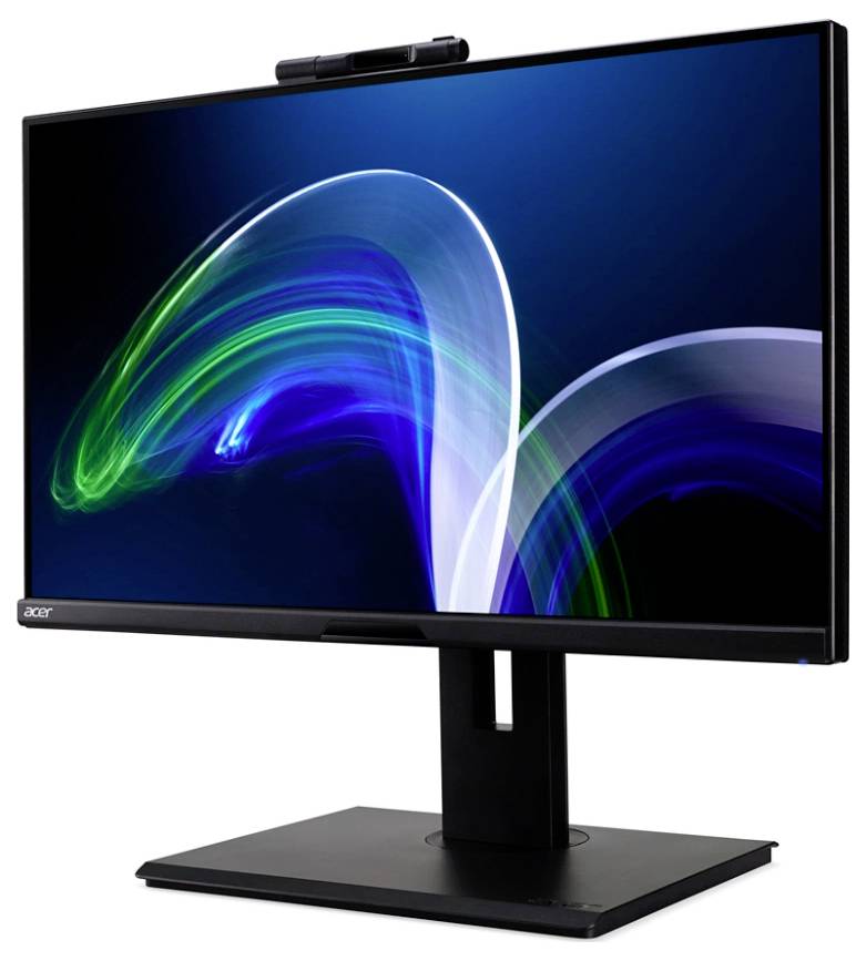 Ein schwarzer Acer-Computermonitor, der ein abstraktes Design mit blau und grün ineinander verschlungenen Linien auf seinem Bildschirm zeigt.