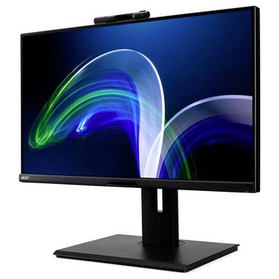 Ein schwarzer Acer-Computermonitor, der ein abstraktes Design mit blau und grün ineinander verschlungenen Linien auf seinem Bildschirm zeigt.