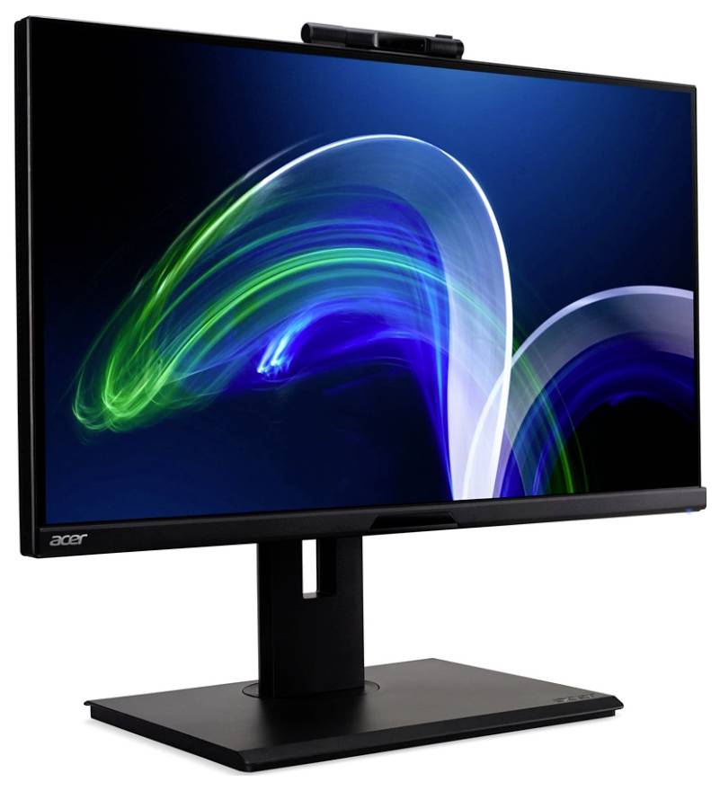 Ein schlanker schwarzer Computermonitor mit einem farbenfrohen abstrakten Design auf dem Bildschirm, der grüne und blaue geschwungene Lichtspuren zeigt.