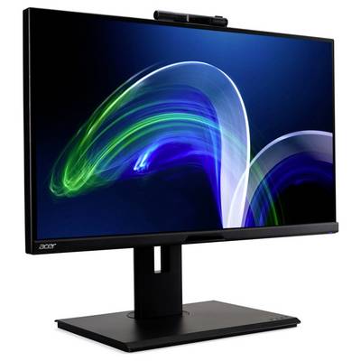 Ein schlanker schwarzer Computermonitor mit einem farbenfrohen abstrakten Design auf dem Bildschirm, der grüne und blaue geschwungene Lichtspuren zeigt.