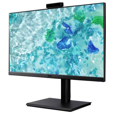 Ein Breitbild-Monitor zeigt ein lebendiges Aqua-Themen-Hintergrundsbild mit schwebenden grünen und blauen Glasformen über kräuselndem Wasser.