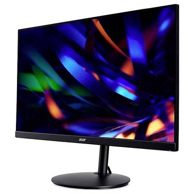 Acer-Monitor, der ein lebendiges, abstraktes Bild mit wirbelnden blauen und orangefarbenen Farben anzeigt und dabei die Hochauflösungsfähigkeit des Bildschirms präsentiert.