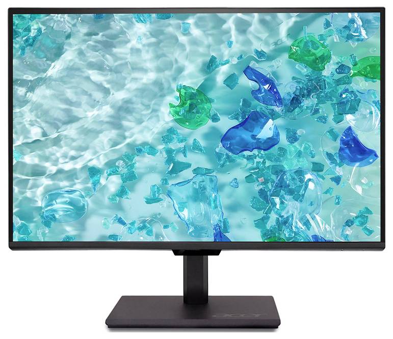 Ein Monitor, der einen lebhaften Bildschirmschoner mit blauen und grünen, glasartigen Scherben zeigt, die in wellenden Wassern versinken.