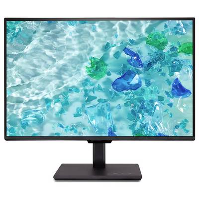Ein Monitor, der einen lebhaften Bildschirmschoner mit blauen und grünen, glasartigen Scherben zeigt, die in wellenden Wassern versinken.