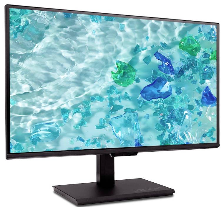Ein Computermonitor, der einen lebendigen Bildschirmschoner mit schimmerndem türkisfarbenem Wasser und schwebenden, durchscheinenden Formen in Grün- und Blautönen zeigt.