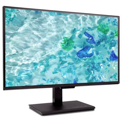 Ein Computermonitor, der einen lebendigen Bildschirmschoner mit schimmerndem türkisfarbenem Wasser und schwebenden, durchscheinenden Formen in Grün- und Blautönen zeigt.