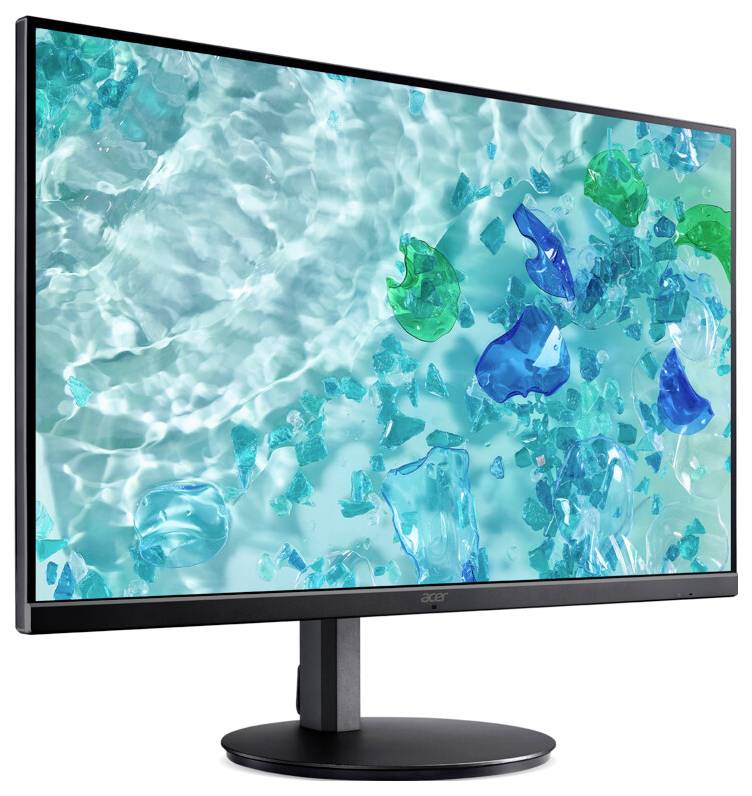 Ein Computermonitor mit einem Bildschirm, der ein abstraktes Design mit blauen und grünen Formen zeigt, die Wasser und Glas ähneln.