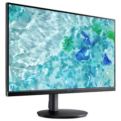 Ein Computermonitor mit einem Bildschirm, der ein abstraktes Design mit blauen und grünen Formen zeigt, die Wasser und Glas ähneln.