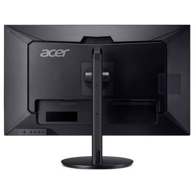 Rückansicht eines schwarzen Acer-Computermonitors, die dessen Standfuß, rückseitige Anschlüsse und kantige Designelemente mit sichtbarem Acer-Logo präsentiert.