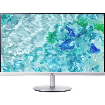 Ein Computermonitor, der eine abstrakte, lebendige Szene mit blauen und grünen Formen zeigt, die in einem hellen, gewellten, wasserähnlichen Hintergrund schweben.