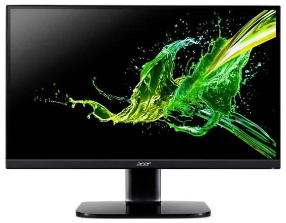Ein Acer-Computermonitor, der einen Spritzer aus lebendigen grünen und gelben Farben auf dem Bildschirm zeigt und Bewegung oder Energie andeutet.