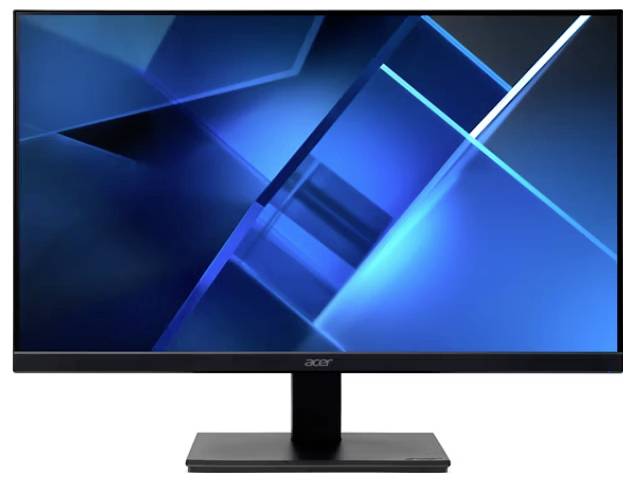 Ein Computermonitor, der ein blaues abstraktes geometrisches Design auf dem Bildschirm zeigt, mit verschiedenen Schattierungen und sich überschneidenden Linien.