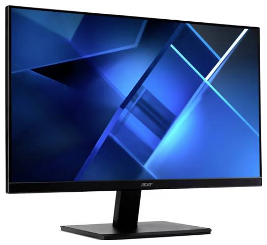 Ein Flachbildschirm-Monitor von Acer, der ein blaues geometrisches Muster auf seinem Bildschirm zeigt und Technologie oder modernes Design andeutet.