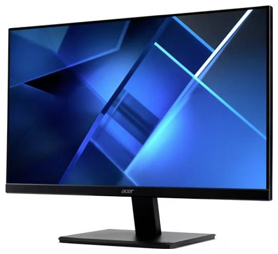 Ein schlanker Computermonitor, der einen lebendigen blauen geometrischen Hintergrund zeigt.