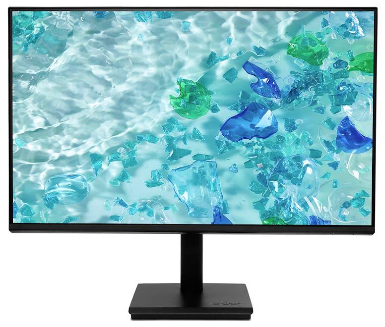 Ein Computermonitor, der einen Bildschirm mit schimmernden blauen und grünen abstrakten Formen zeigt, die wie Steine oder Kristalle aussehen, die unter Wasser versenkt sind.