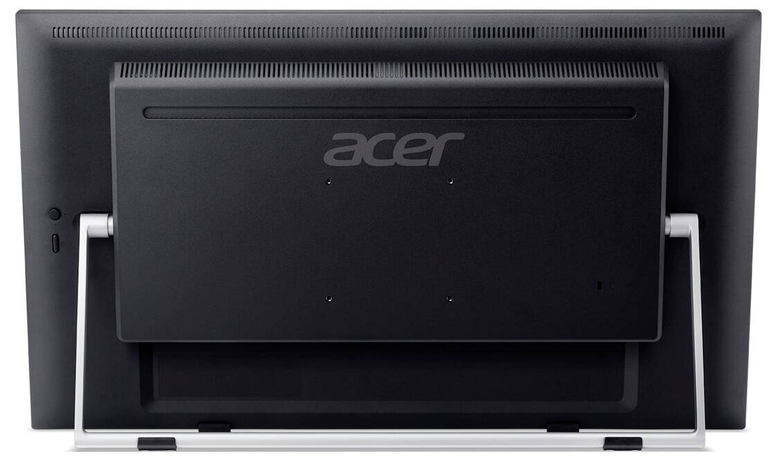 Rückansicht eines Flachbildschirm-Computermonitors von Acer mit einem Doppelbein-Ständer. Das Acer-Logo ist auf dem Rückenpanel sichtbar.