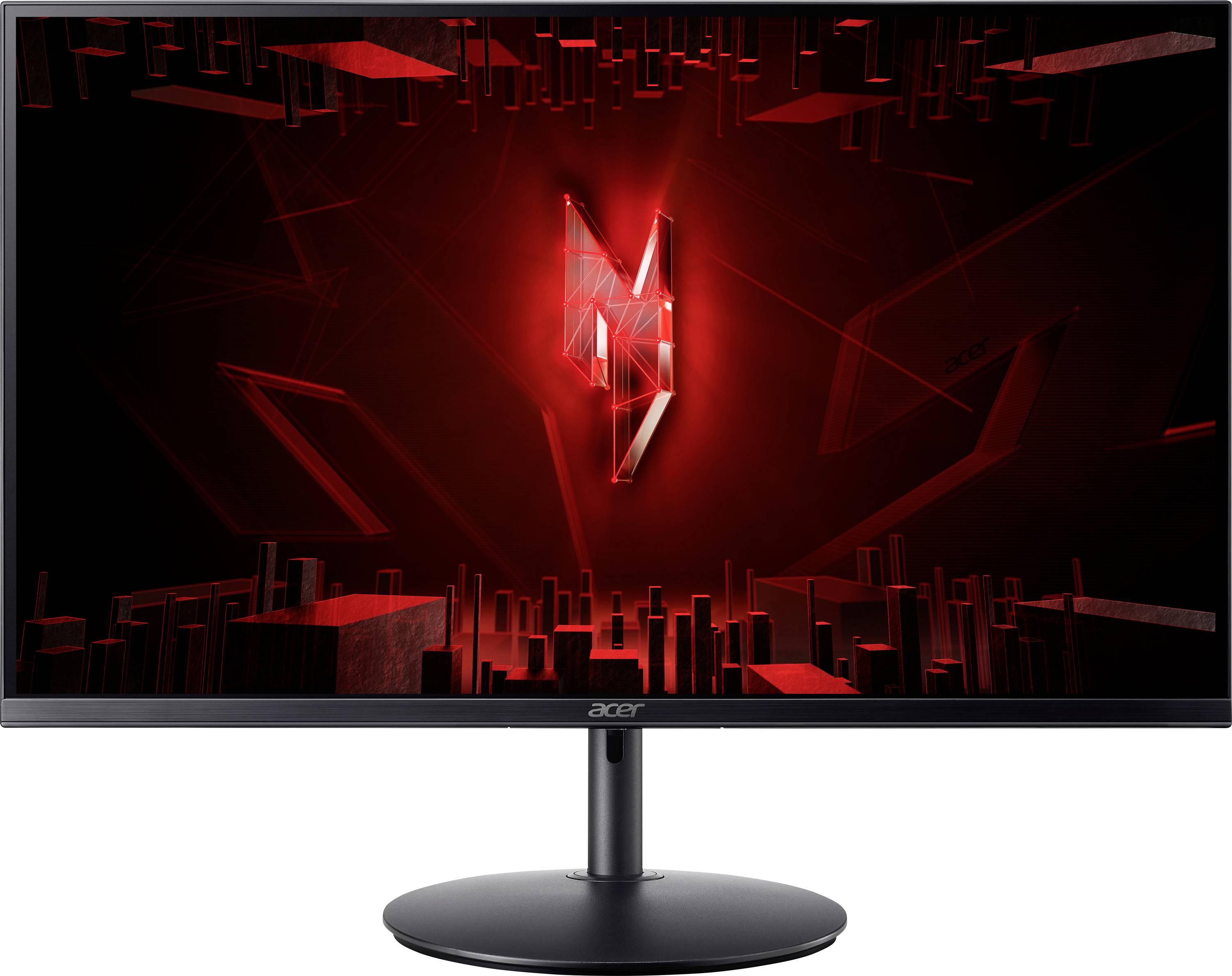 Acer-Gaming-Monitor mit einem roten geometrischen Design auf dem Bildschirm, mit einem zentralen beleuchteten Symbol und schmalen schwarzen Blenden.