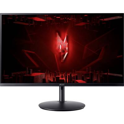 Acer-Gaming-Monitor mit einem roten geometrischen Design auf dem Bildschirm, mit einem zentralen beleuchteten Symbol und schmalen schwarzen Blenden.