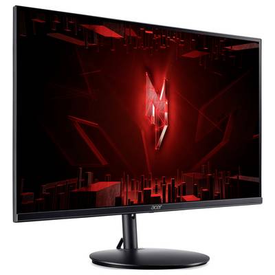 Ein schlanker Acer-Monitor, der abstrakte rote Grafiken mit scharfen Winkeln auf einem überwiegend schwarzen Bildschirm zeigt.