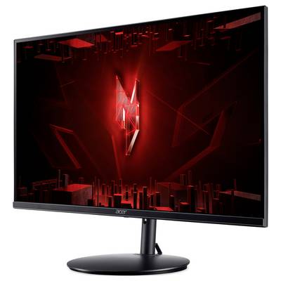 Acer Gaming-Monitor, der ein rotes und schwarzes geometrisches Design auf dem Bildschirm zeigt und in der Mitte das Predator-Logo präsentiert.