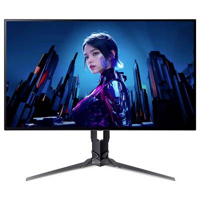 Ein Computermonitor, der eine futuristische Szene mit einer weiblichen Cyborg in einer Stadtlandschaft zeigt, mit scharfen, abstrakten Gebäuden.