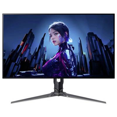 Ein futuristisches Bild auf einem Monitor zeigt eine cyber-erweiterte Person mit kurzen Haaren, umgeben von abstrakten, dunklen Stadtlandschaftsstrukturen.