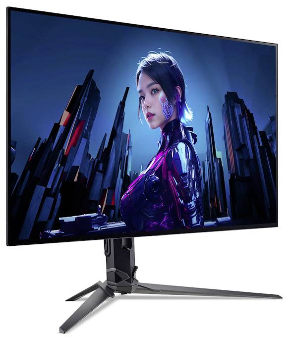 Ein schlanker Computermonitor, der eine futuristische Stadtlandschaft auf dem Bildschirm zeigt, mit einer digitalen Figur in Cyberpunk-Kleidung.