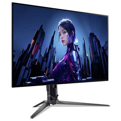 Ein schlanker Computermonitor, der eine futuristische Stadtlandschaft auf dem Bildschirm zeigt, mit einer digitalen Figur in Cyberpunk-Kleidung.
