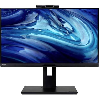 Ein schlanker Computer-Monitor mit einer lebhaften, abstrakten blauen Spiraldarstellung, montiert auf einem schlichten schwarzen Ständer.