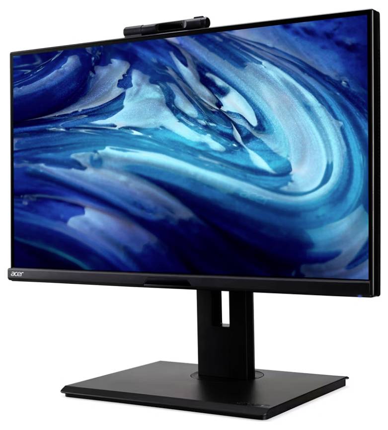 Ein schlanker, moderner Computermonitor, der auf einem stabilen schwarzen Ständer steht und abstrakte, wirbelnde blaue Muster auf dem Bildschirm zeigt.