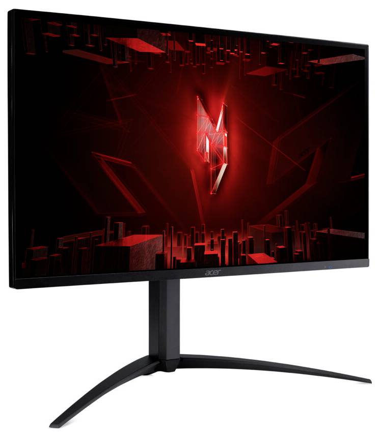 Ein Gaming-Monitor mit einem geometrischen Design in Rot und Schwarz auf dem Bildschirm, der ein leuchtendes zentrales Emblem aufweist.