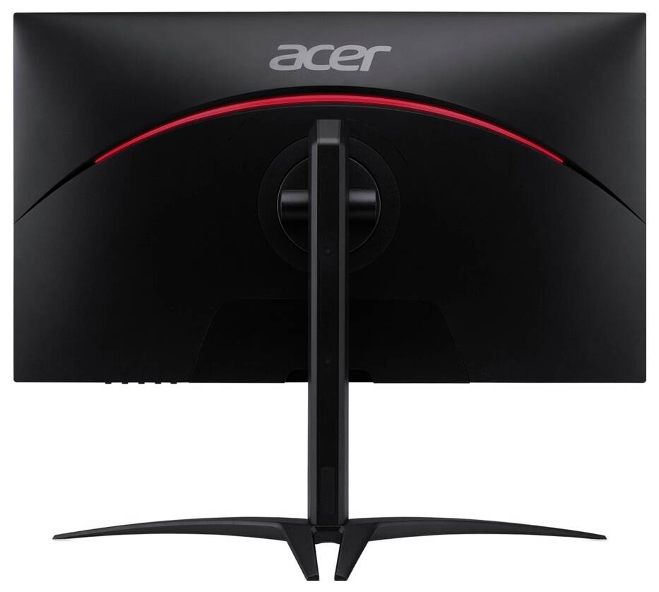 Ein schwarzer Acer-Computermonitor, von hinten betrachtet, mit einer roten Akzentlinie und einem schlanken, eckigen Ständer zur Abstützung.
