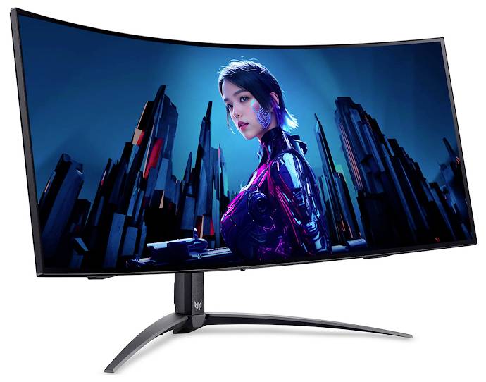 Ein gebogener Computermonitor zeigt ein digitales Kunstwerk eines futuristischen Charakters in einer Science-Fiction-Stadtlandschaft, wobei leuchtende Farben und schlankes Design betont werden.