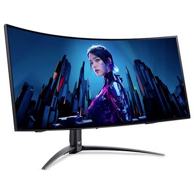 Ein gebogener Computermonitor zeigt ein digitales Kunstwerk eines futuristischen Charakters in einer Science-Fiction-Stadtlandschaft, wobei leuchtende Farben und schlankes Design betont werden.