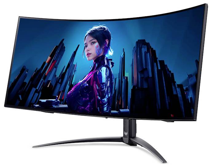 Ein gekrümmter Gaming-Monitor zeigt ein digitales Kunstwerk, das eine futuristische Stadtlandschaft mit einer Person in einem Science-Fiction-Outfit darstellt, die in Neonlichtern leuchtet.