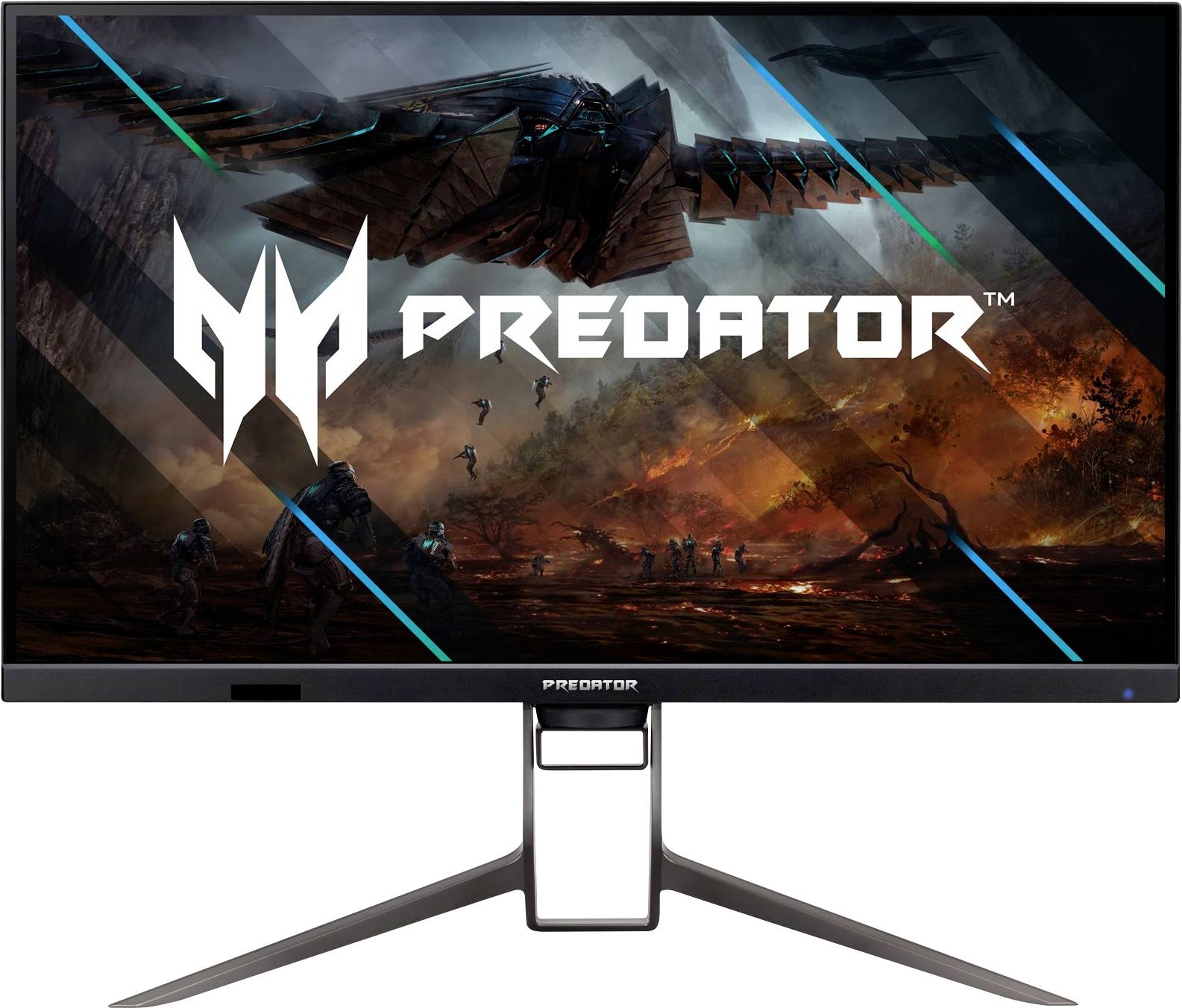 Ein Gaming-Monitor, der das Wort "PREDATOR" zeigt, mit einem Bild einer futuristischen Kampfszene, einschließlich eines großen Raumschiffs und Explosionen.