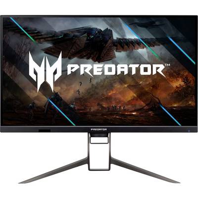 Ein Gaming-Monitor, der das Wort "PREDATOR" zeigt, mit einem Bild einer futuristischen Kampfszene, einschließlich eines großen Raumschiffs und Explosionen.