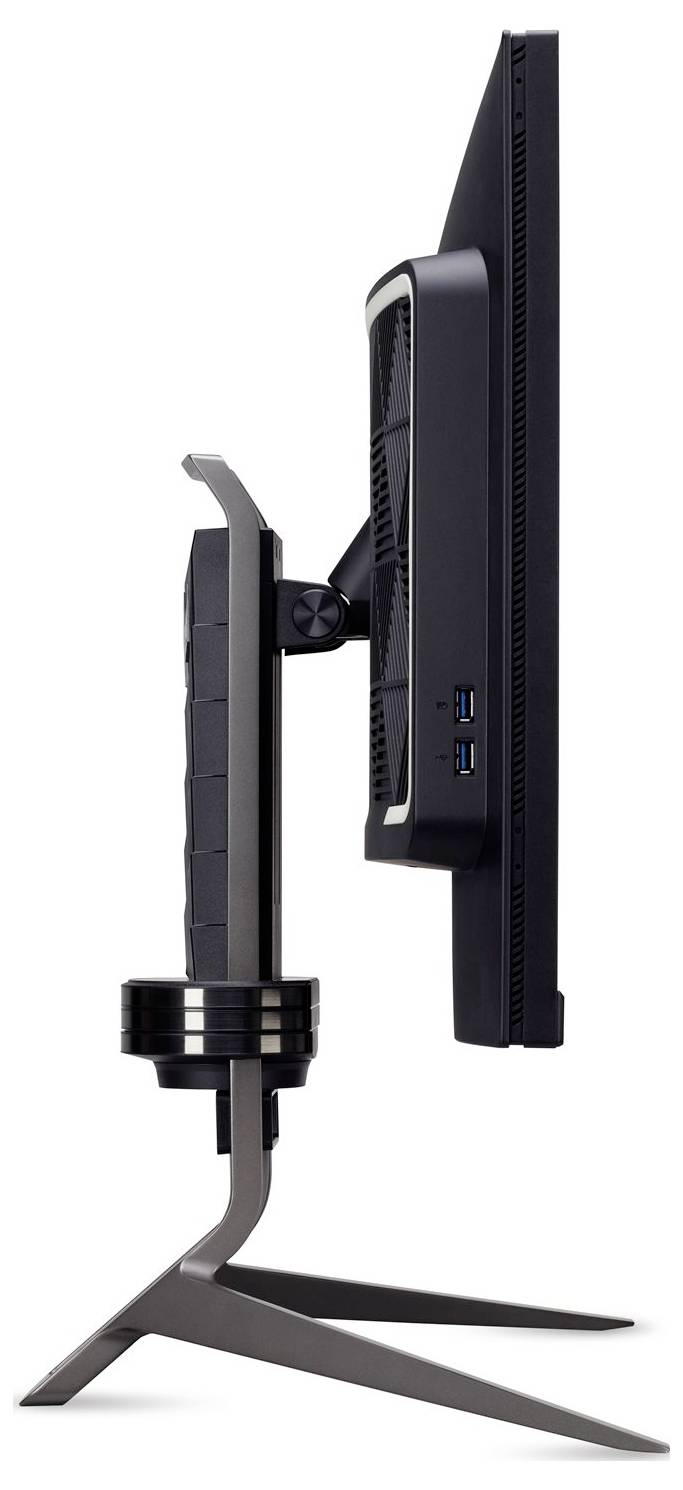 Seitenansicht eines flachen Computermonitors auf einem schlanken, modernen Ständer, mit USB-Anschlüssen an der Seite und einem belüfteten Rückpanel.