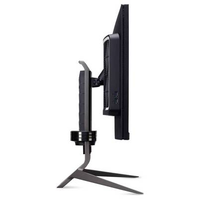 Seitenansicht eines flachen Computermonitors auf einem schlanken, modernen Ständer, mit USB-Anschlüssen an der Seite und einem belüfteten Rückpanel.