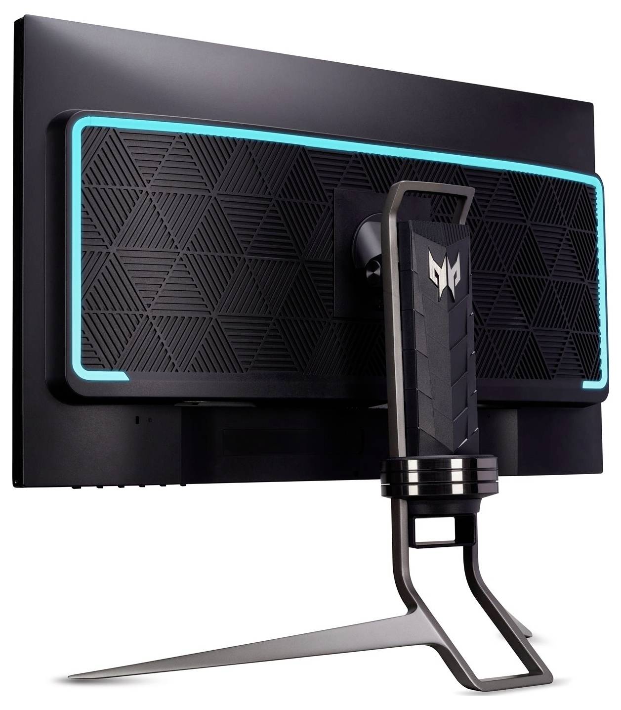 Ein Gaming-Monitor mit einem einzigartigen geometrischen Muster und blauer LED-Hintergrundbeleuchtung, ausgestattet mit einem verstellbaren Metallfuß.