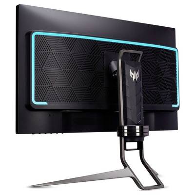 Ein Gaming-Monitor mit einem einzigartigen geometrischen Muster und blauer LED-Hintergrundbeleuchtung, ausgestattet mit einem verstellbaren Metallfuß.