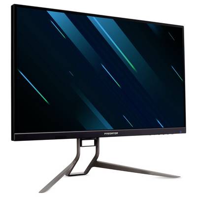 Ein schlanker, moderner Computermonitor mit einem geometrisch gemusterten Ständer, der einen dunklen Bildschirm mit blauen und grünen diagonalen Linien zeigt.