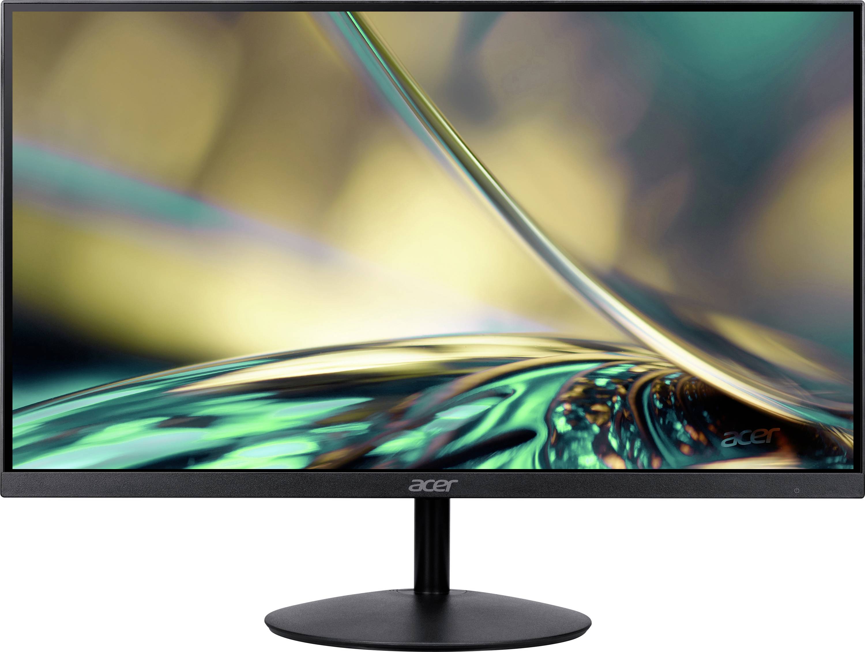 Ein Acer-Monitor zeigt ein farbenfrohes abstraktes Bild mit wirbelnden grünen und goldenen Mustern auf dem Bildschirm, vor einem schwarzen Ständer.